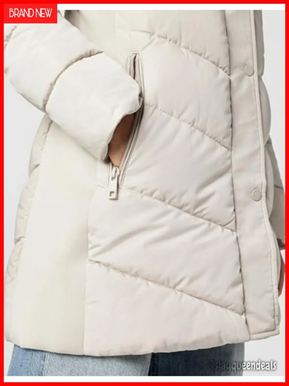 Long Quilted Jacket With Faux Sherpa Lined Hood and Inset Bib